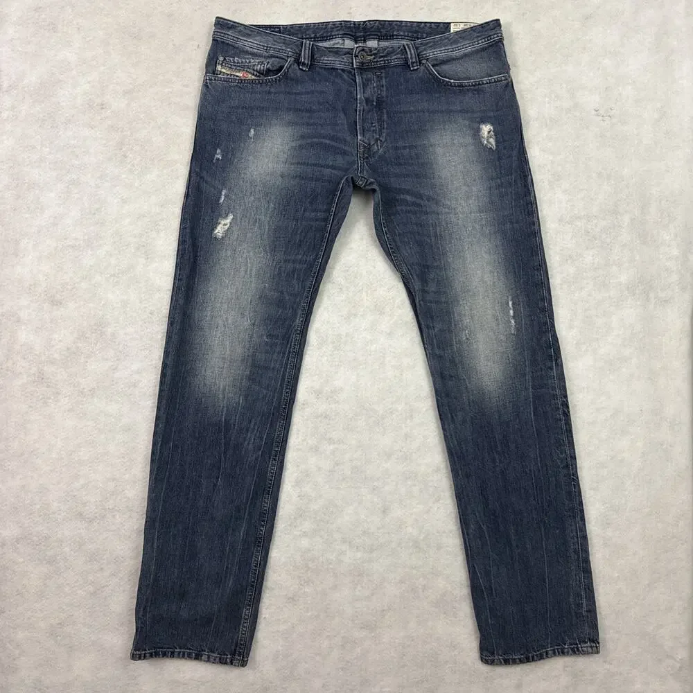 Diesel Industry Safado Jeans Mens 38x32 Blue Button Fly Stretch Distressed Denim